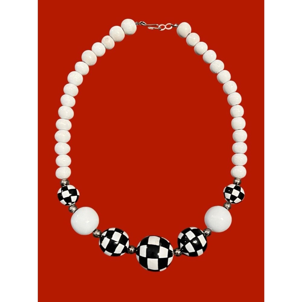 Vintage wooden beads hand painted black & white checkered necklace funky indie